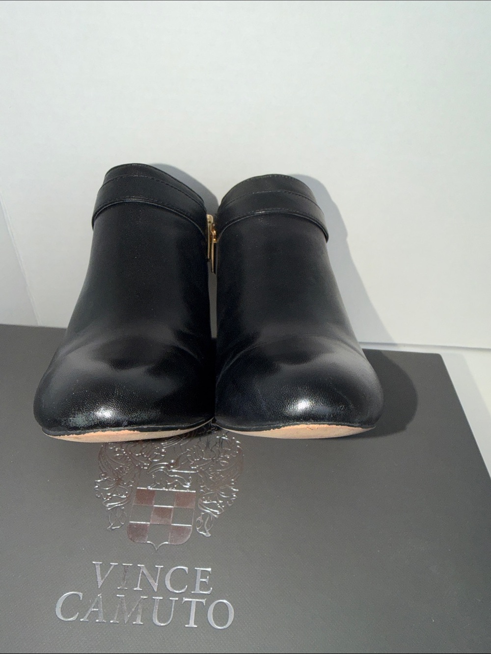 Vince Camuto Black Leather Ankle Booties with Gold Hardware-Sz 6/36 - Picture 6 of 9